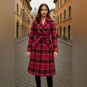 AQUA Pink Plaid Belted Long Coat Size Small NWT